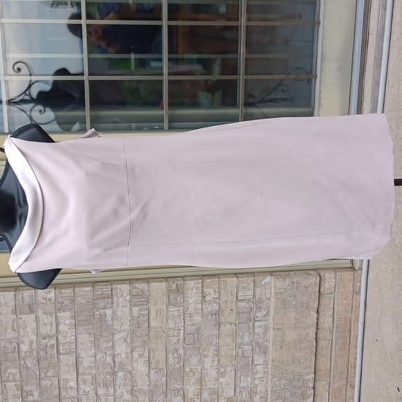 Tahari Satin Trim Champagne Shift Dress, 1960 retro look, back drape, zip, sz 8 - Picture 1 of 8